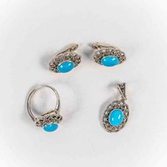 Set Bijuterii STILL Argint 925 - Pandantiv, Inel, Cercei, Turcoaz si Marcasite, Marime Inel 7, Albastru