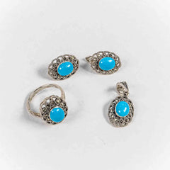 Set Bijuterii STILL Argint 925 - Pandantiv, Inel, Cercei, Turcoaz si Marcasite, Marime Inel 7, Albastru