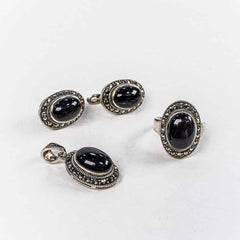 Set Bijuterii STILL Argint 925 - Pandantiv, Inel, Cercei, Onix si Marcasite, Marime Inel 7, Negru