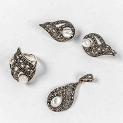 Set Bijuterii STILL Argint 925 - Pandantiv, Inel, Cercei, Sidef si Marcasite, Marime Inel 8, Alb