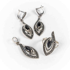 Set Bijuterii STILL Argint 925 - Pandantiv, Inel, Cercei, Zirconia si Marcasite, Marime Inel 8, Negru