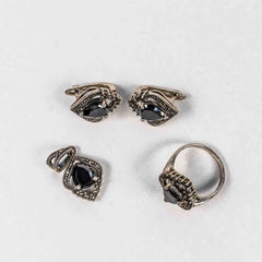 Set Bijuterii STILL Argint 925 - Pandantiv, Inel, Cercei, Zirconia si Marcasite, Marime Inel 8, Negru