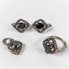 Set Bijuterii STILL Argint 925 - Pandantiv, Inel, Cercei, Zirconia si Marcasite, Marime Inel 8, Negru