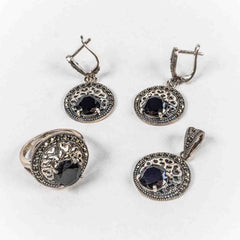 Set Bijuterii STILL Argint 925 - Pandantiv, Inel, Cercei, Zirconia si Marcasite, Marime Inel 8, Negru disponibil si cu piatra mov(8),verde(8),rosie(8)