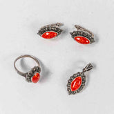 Set Bijuterii STILL Argint 925 - Pandantiv, Inel, Cercei, Coral si Marcasite, Marime Inel 8, Rosu