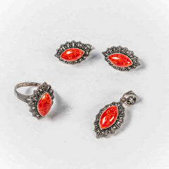 Set Bijuterii STILL Argint 925 - Pandantiv, Inel, Cercei, Coral si Marcasite, Marime Inel 8, Rosu