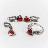 Set Bijuterii STILL Argint 925 - Pandantiv, Inel, Cercei, Carneol si Marcasite, Marime Inel 9, Rosu