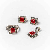 Set Bijuterii STILL Argint 925 - Pandantiv, Inel, Cercei, Carneol si Marcasite, Marime Inel 8, Rosu