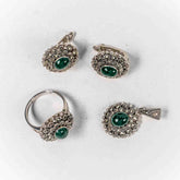Set Bijuterii STILL Argint 925 - Pandantiv, Inel, Cercei, Calcedonia si Marcasite, Marime Inel 8, Verde