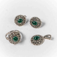 Set Bijuterii STILL Argint 925 - Pandantiv, Inel, Cercei, Calcedonia si Marcasite, Marime Inel 8, Verde