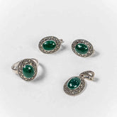 Set Bijuterii STILL Argint 925 - Pandantiv, Inel, Cercei, Calcedonia si Marcasite, Marime Inel 8, Verde