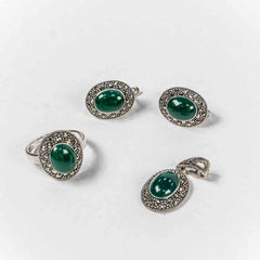 Set Bijuterii STILL Argint 925 - Pandantiv, Inel, Cercei, Calcedonia si Marcasite, Marime Inel 8, Verde