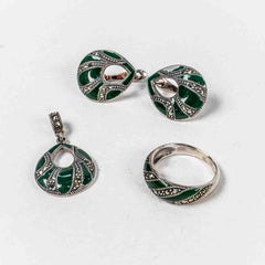 Set Bijuterii STILL Argint 925 - Pandantiv, Inel, Cercei, Calcedonia si Marcasite, Marime Inel 8, Verde