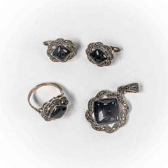 Set Bijuterii STILL Argint 925 - Pandantiv, Inel, Cercei, Onix si Marcasite, Marime Inel 7, Negru