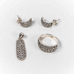 Set Bijuterii STILL Argint 925 - Pandantiv, Inel, Cercei, Marcasite, Marime Inel 8, Gri Metalic