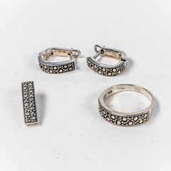 Set Bijuterii STILL Argint 925 - Pandantiv, Inel, Cercei, Marcasite, Marime Inel 6, Gri Metalic