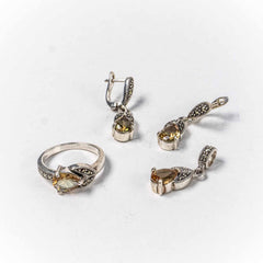 Set Bijuterii STILL Argint 925 - Pandantiv, Inel, Cercei, Sultanit si Marcasite, Marime Inel 8,5, Variabila