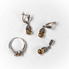 Set Bijuterii STILL Argint 925 - Pandantiv, Inel, Cercei, Sultanit si Marcasite, Marime Inel 8,5, Variabila