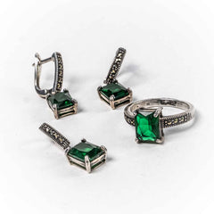 Set Bijuterii STILL Argint 925 - Pandantiv, Inel, Cercei, Zirconia si Marcasite, Marime Inel 7, Verde