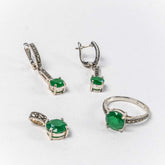 Set Bijuterii STILL Argint 925 - Pandantiv, Inel, Cercei, Radacina de Safir si Marcasite, Marime Inel 9, Verde