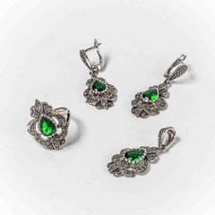 Set Bijuterii STILL Argint 925 - Pandantiv, Inel, Cercei, Zirconia si Marcasite, Marime Inel 8, Verde