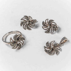 Set Bijuterii STILL Argint 925 - Pandantiv, Inel, Cercei, Marcasite, Marime Inel 8, Gri Metalic