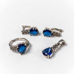 Set Bijuterii STILL Argint 925 - Pandantiv, Inel, Cercei, Zirconia si Marcasite, Marime Inel 7,5, Albastru