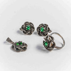 Set Bijuterii STILL Argint 925 - Pandantiv, Inel, Cercei, Zirconia si Marcasite, Marime Inel 9, Verde