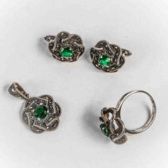 Set Bijuterii STILL Argint 925 - Pandantiv, Inel, Cercei, Zirconia si Marcasite, Marime Inel 9, Verde