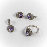 Set Bijuterii STILL Argint 925 - Pandantiv, Inel, Cercei, Ametist si Marcasite, Marime Inel 9, Violet