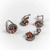 Set Bijuterii STILL Argint 925 - Pandantiv, Inel, Cercei, Granit si Marcasite, Marime Inel 7, Rosu