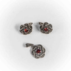 Set Bijuterii STILL Argint 925 - Pandantiv, Inel, Cercei, Granit si Marcasite, Marime Inel 7,5, Rosu