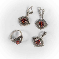 Set Bijuterii STILL Argint 925 - Pandantiv, Inel, Cercei, Granit si Marcasite, Marime Inel 8, Rosu