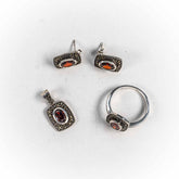 Set Bijuterii STILL Argint 925 - Pandantiv, Inel, Cercei, Granit si Marcasite, Marime Inel 8, Rosu