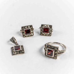 Set Bijuterii STILL Argint 925 - Pandantiv, Inel, Cercei, Granit si Marcasite, Marime Inel 9, Rosu