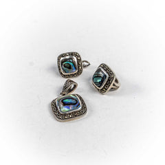 Set Bijuterii STILL Argint 925 - Pandantiv, Inel, Cercei, Scoica Paua, Marime Inel 6, Multicolor Irizant