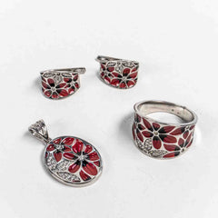 Set Bijuterii STILL Argint 925 - Pandantiv, Inel, Cercei, Email, Marime Inel 9, Rosu