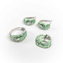 Set Bijuterii STILL Argint 925 - Pandantiv, Inel, Cercei, Email, Marime Inel 9, Verde