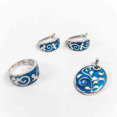 Set Bijuterii STILL Argint 925 - Pandantiv, Inel, Cercei, Email, Marime Inel 8albastru