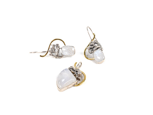 Set Bijuterii din Argint 925 - Cercei, Pandantiv - Piatra Lunii - Alb