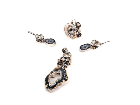 Set Bijuterii din Argint 925 - Cercei, Inel, Pandantiv - Agat, Quartz Fumuriu - Marime 7 - Multicolor