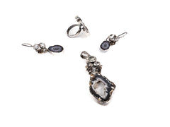 Set Bijuterii din Argint 925 - Cercei, Inel, Pandantiv - Agat, Quartz Fumuriu - Marime 7 - Multicolor