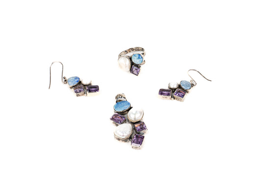 Set Bijuterii din Argint 925 - Cercei, Inel, Pandantiv - Perla, Opal Albastru - Marime 8 / Reglabil - Multicolor