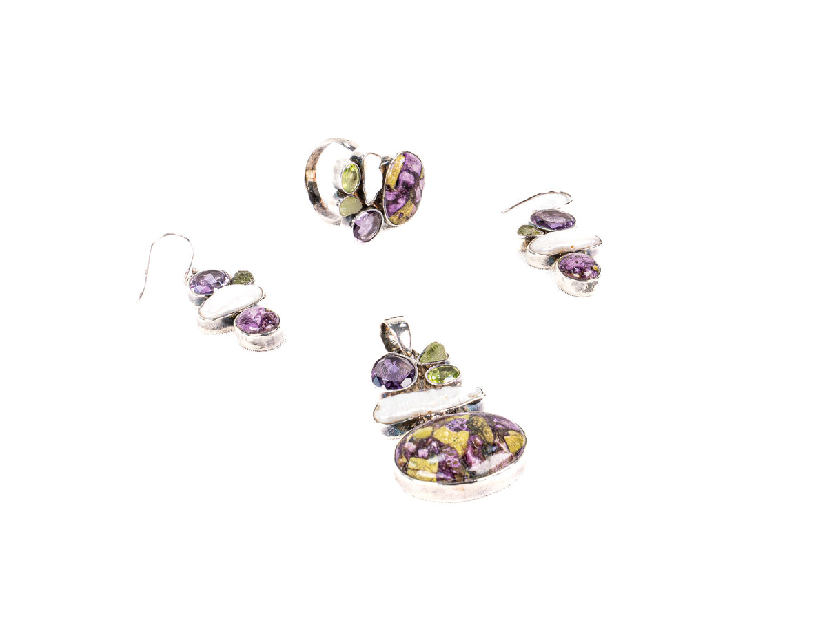 Set Bijuterii din Argint 925 - Cercei, Inel, Pandantiv - Peridot, Ametist, Turcoaz Mov - Marime 8 / Reglabil - Verde ,Alb