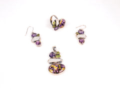 Set Bijuterii din Argint 925 - Cercei, Inel, Pandantiv - Peridot, Ametist, Turcoaz Mov - Marime 8 / Reglabil - Verde ,Alb