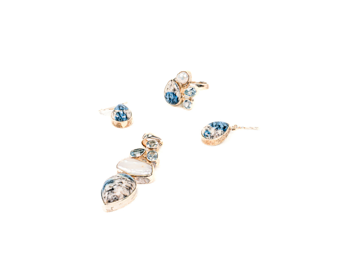 Set Bijuterii din Argint 925 - Cercei, Inel, Pandantiv - Azurit In Granit - Marime 9 / Reglabil - Bleu