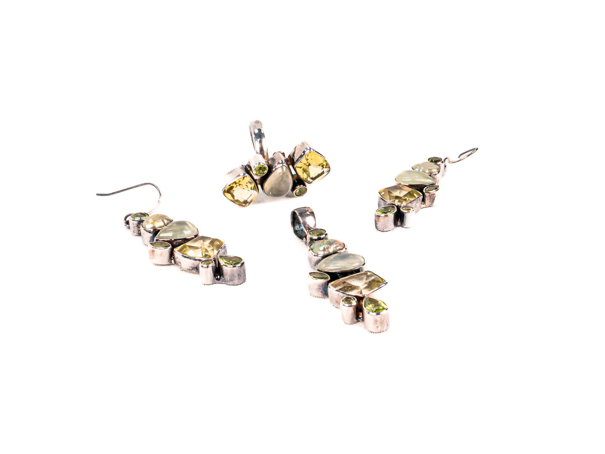 Set Bijuterii din Argint 925 - Cercei, Inel, Pandantiv - Citrin, Peridot - Marime 9 / Reglabil - Verde