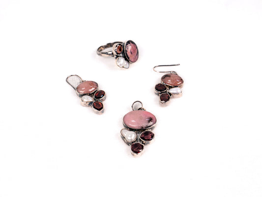 Set Bijuterii din Argint 925 - Cercei, Inel, Pandantiv - Rodocrozit, Granat - Marime 8 / Reglabil - Roz, Rubiniu