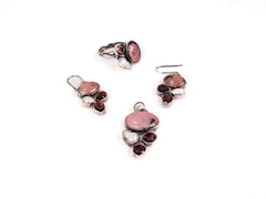 Set Bijuterii din Argint 925 - Cercei, Inel, Pandantiv - Rodocrozit, Granat - Marime 8 / Reglabil - Roz, Rubiniu