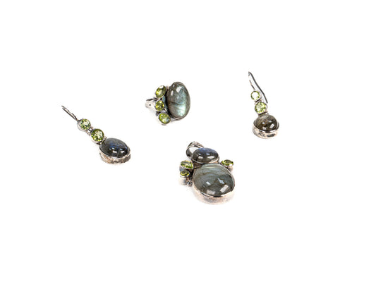 Set Bijuterii din Argint 925 - Cercei, Inel, Pandantiv - Peridot, Labradorit - Marime 8 - Verde